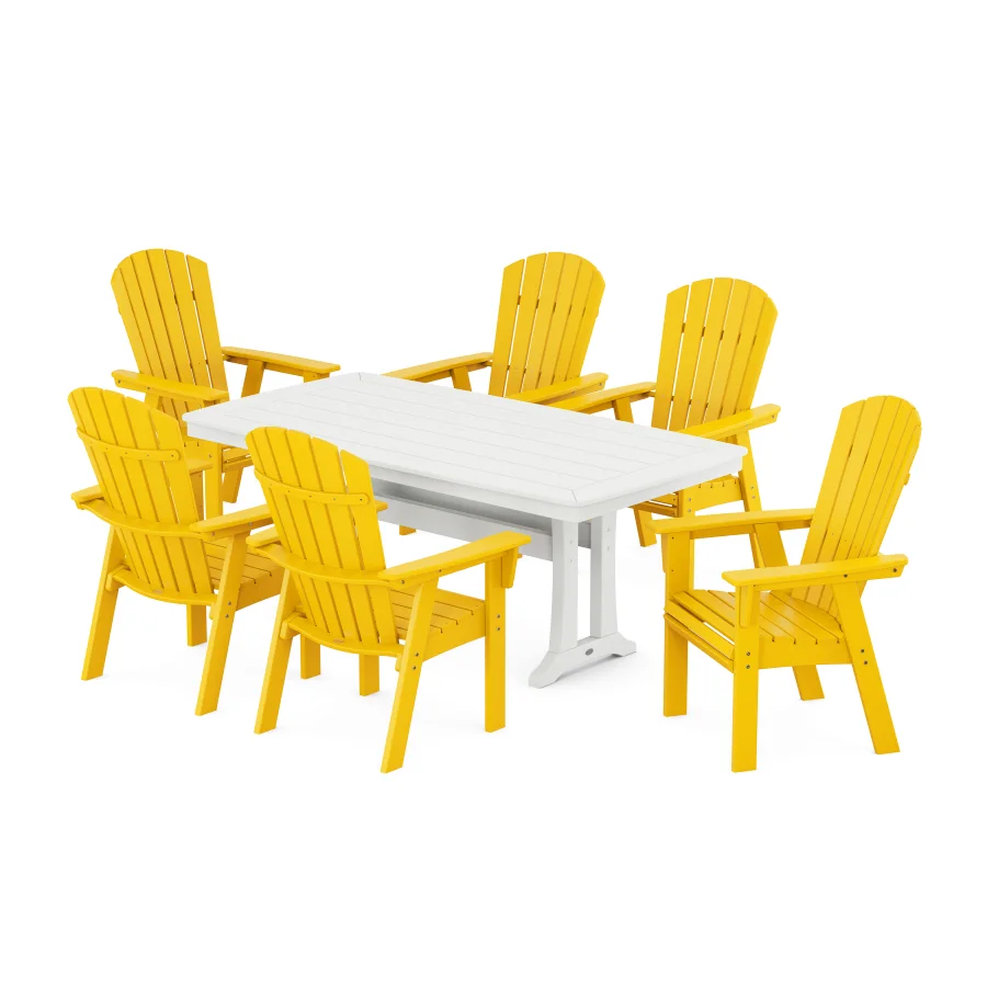 POLYWOOD Nautical Curveback Adirondack 7-Piece Dining Set with Trestle Legs in Lemon / White