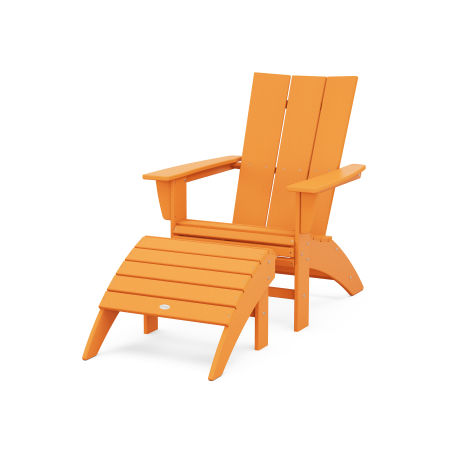 Modern Curveback Adirondack Chair 2-Piece Set with Ottoman in Tangerine