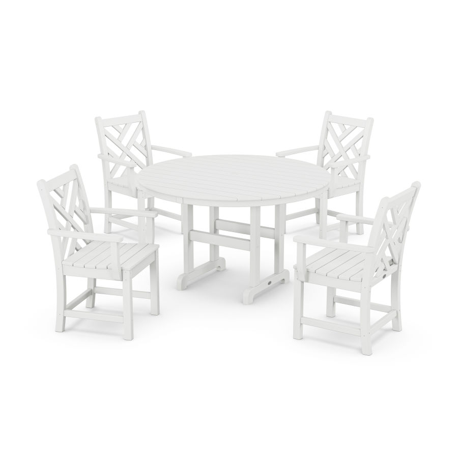 POLYWOOD Chippendale 5-Piece Round Farmhouse Arm Chair Dining Set in White