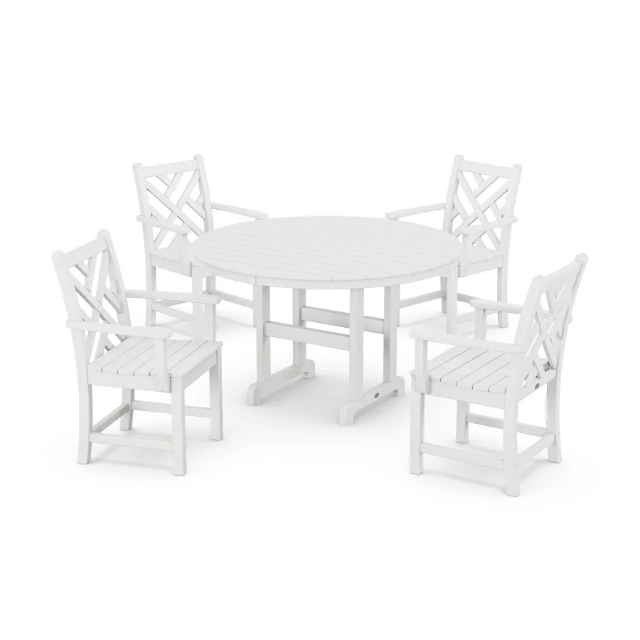 POLYWOOD Chippendale 5-Piece Round Farmhouse Arm Chair Dining Set in White