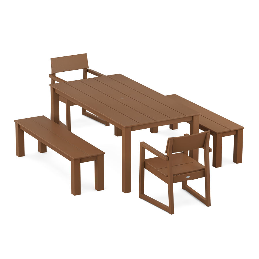 POLYWOOD EDGE 5-Piece Parsons Dining Set with Benches in Teak