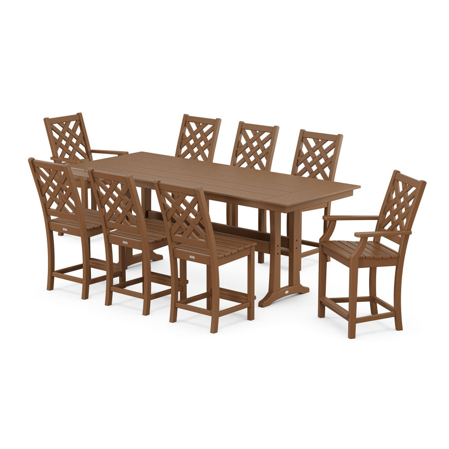 POLYWOOD Wovendale 9-Piece Farmhouse Counter Set with Trestle Legs in Teak