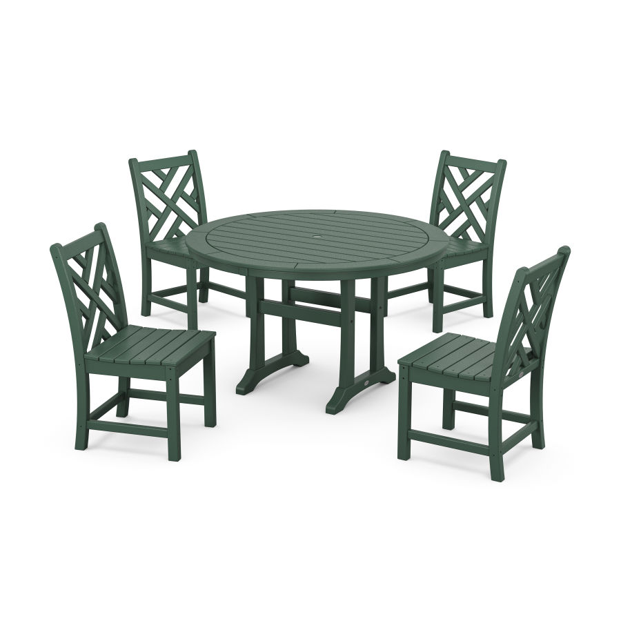 POLYWOOD Chippendale Side Chair 5-Piece Round Dining Set With Trestle Legs in Green