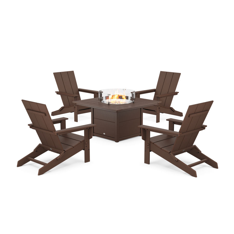 POLYWOOD 5-Piece Modern Studio Folding Adirondack Conversation Set with Fire Pit Table in Mahogany