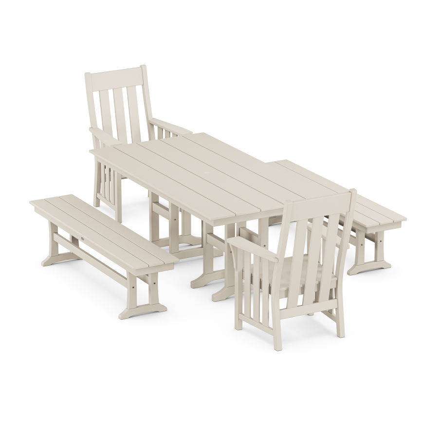 POLYWOOD Acadia 5-Piece Farmhouse Dining Set with Benches in Sand