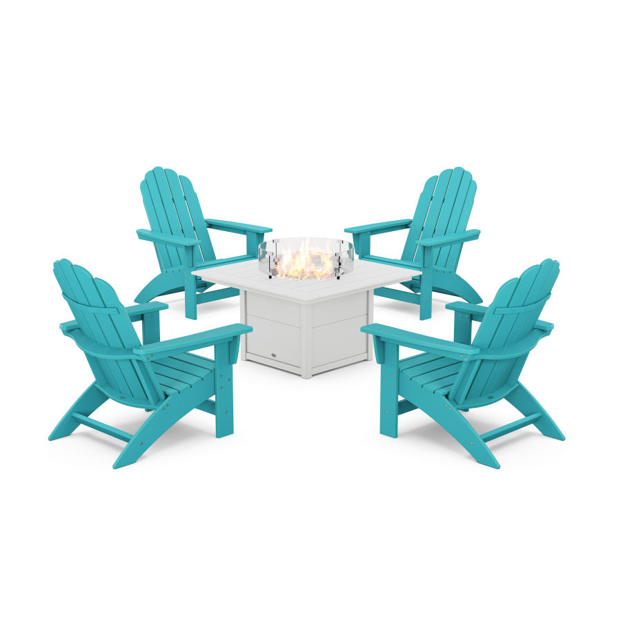 POLYWOOD 5-Piece Vineyard Grand Adirondack Conversation Set with Fire Pit Table in Aruba / White
