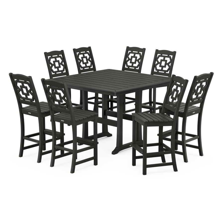 POLYWOOD Chinoiserie 9-Piece Square Side Chair Bar Set with Trestle Legs in Black