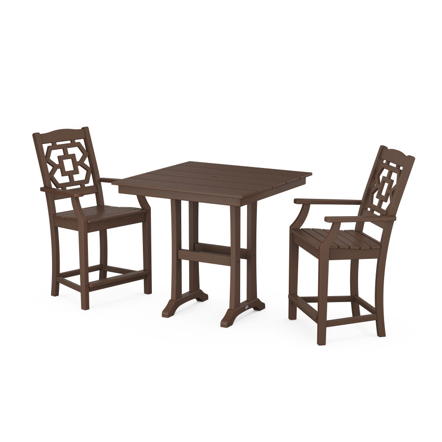 POLYWOOD Chinoiserie 3-Piece Farmhouse Counter Set with Trestle Legs in Mahogany
