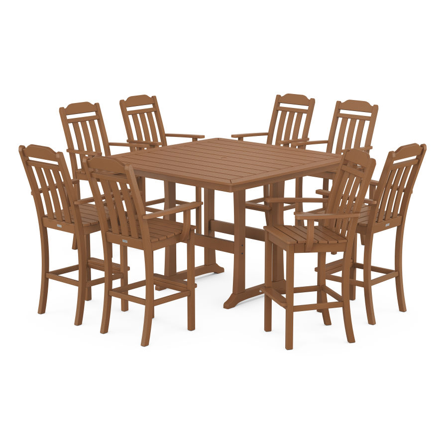 POLYWOOD Country Living 9-Piece Bar Set with Trestle Legs in Teak