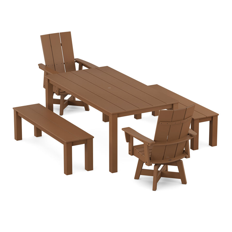 POLYWOOD Modern Curveback Adirondack 5-Piece Parsons Swivel Dining Set with Benches in Teak