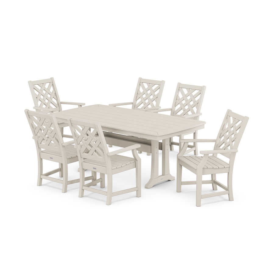 POLYWOOD Wovendale Arm Chair 7-Piece Dining Set with Trestle Legs in Sand