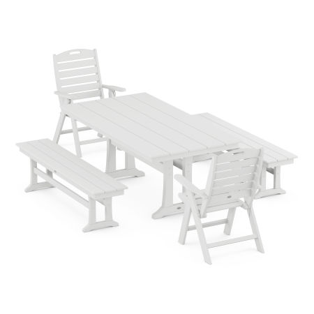 Nautical Folding Highback Chair 5-Piece Farmhouse Dining Set With Trestle Legs and Benches in White
