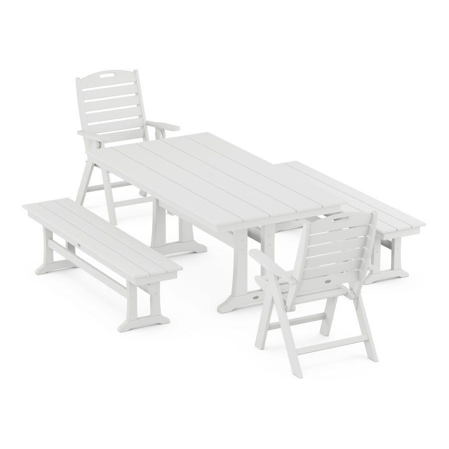POLYWOOD Nautical Folding Highback Chair 5-Piece Farmhouse Dining Set With Trestle Legs and Benches in White