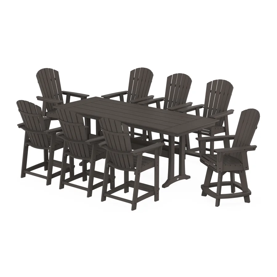 POLYWOOD Nautical Curveback Adirondack Swivel Chair 9-Piece Farmhouse Counter Set with Trestle Legs in Vintage Finish