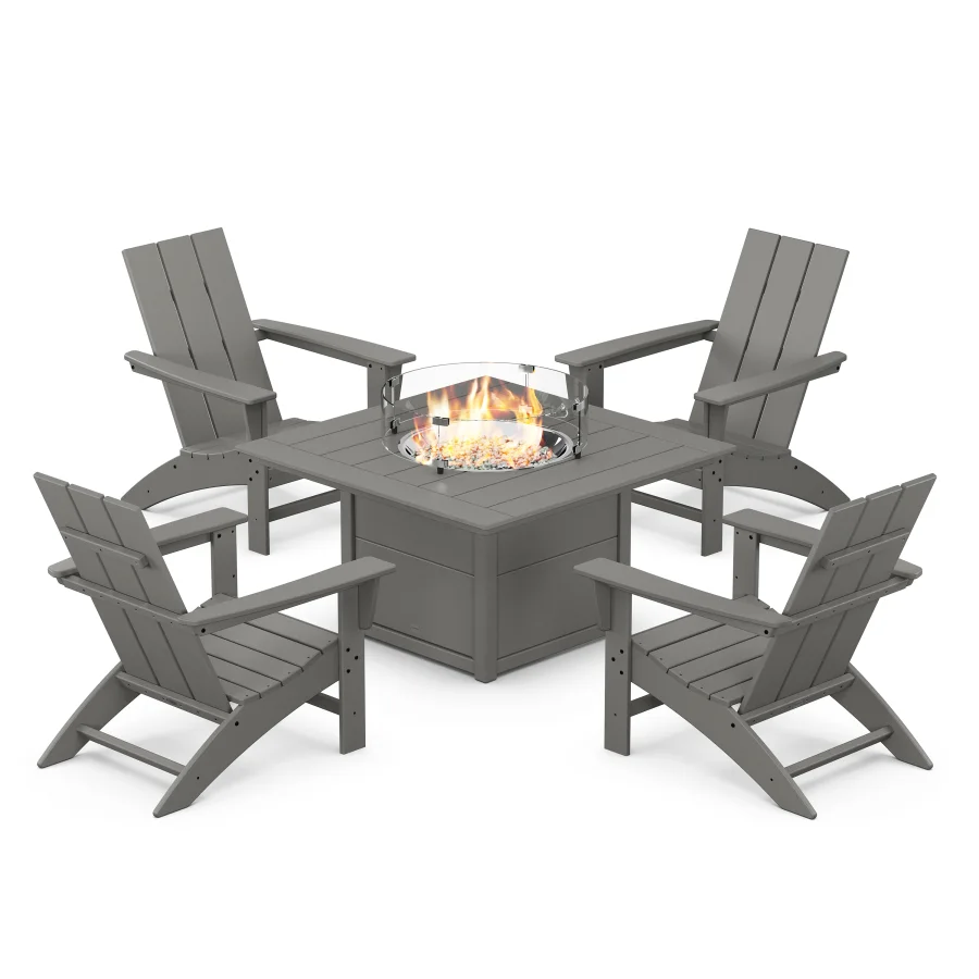 POLYWOOD Modern 5-Piece Adirondack Chair Conversation Set with Fire Pit Table