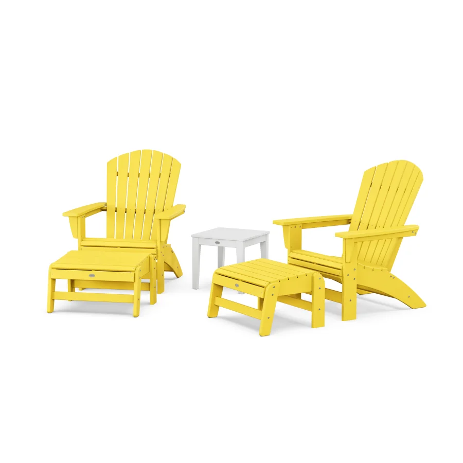 POLYWOOD 5-Piece Nautical Grand Adirondack Set with Ottomans and Side Table in Lemon / White