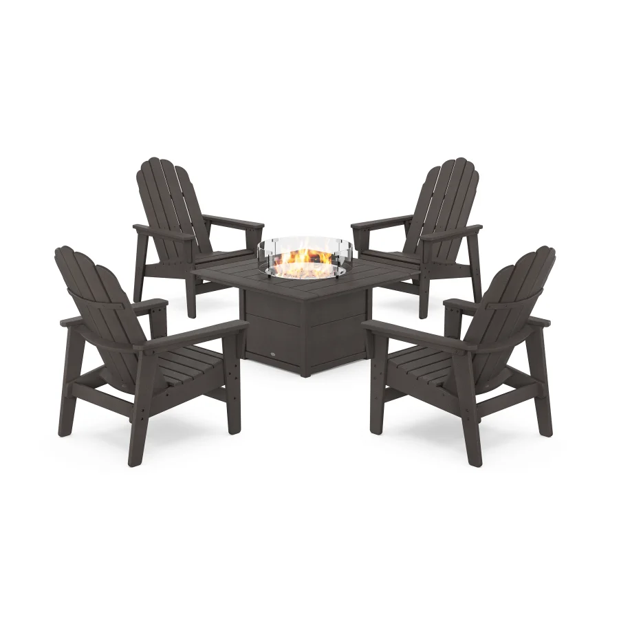 POLYWOOD 5-Piece Vineyard Grand Upright Adirondack Conversation Set with Fire Pit Table in Vintage Finish