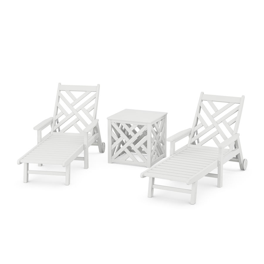 POLYWOOD Chippendale 3-Piece Chaise Set with Umbrella Stand Accent Table in White