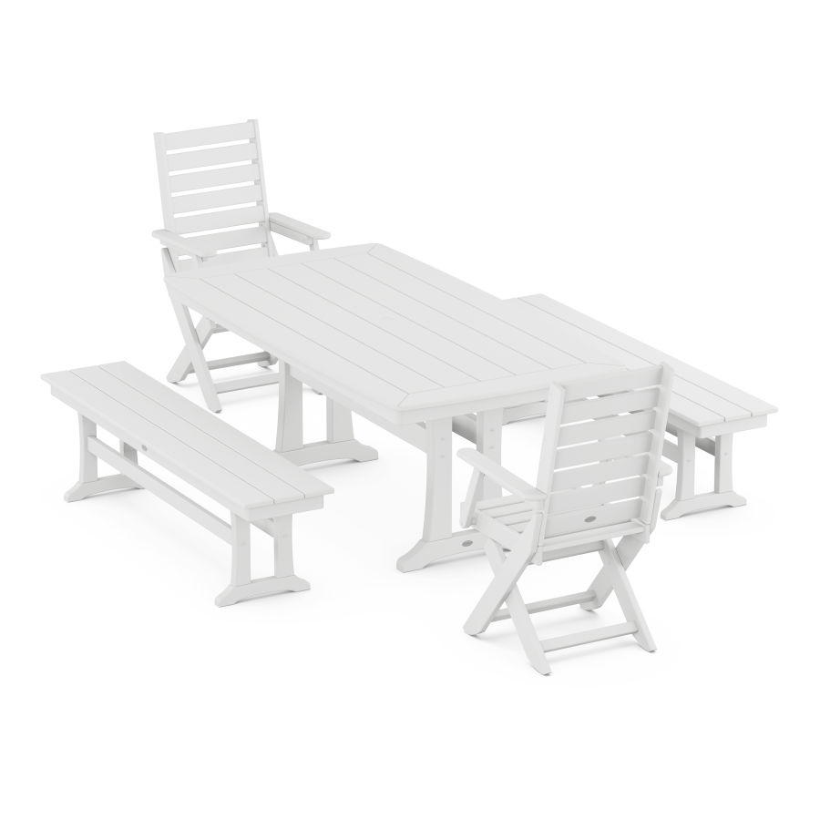 POLYWOOD Captain Folding Chair 5-Piece Dining Set with Trestle Legs in White
