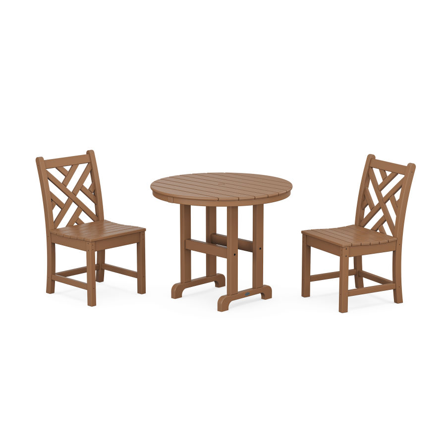 POLYWOOD Chippendale Side Chair 3-Piece Round Dining Set in Teak