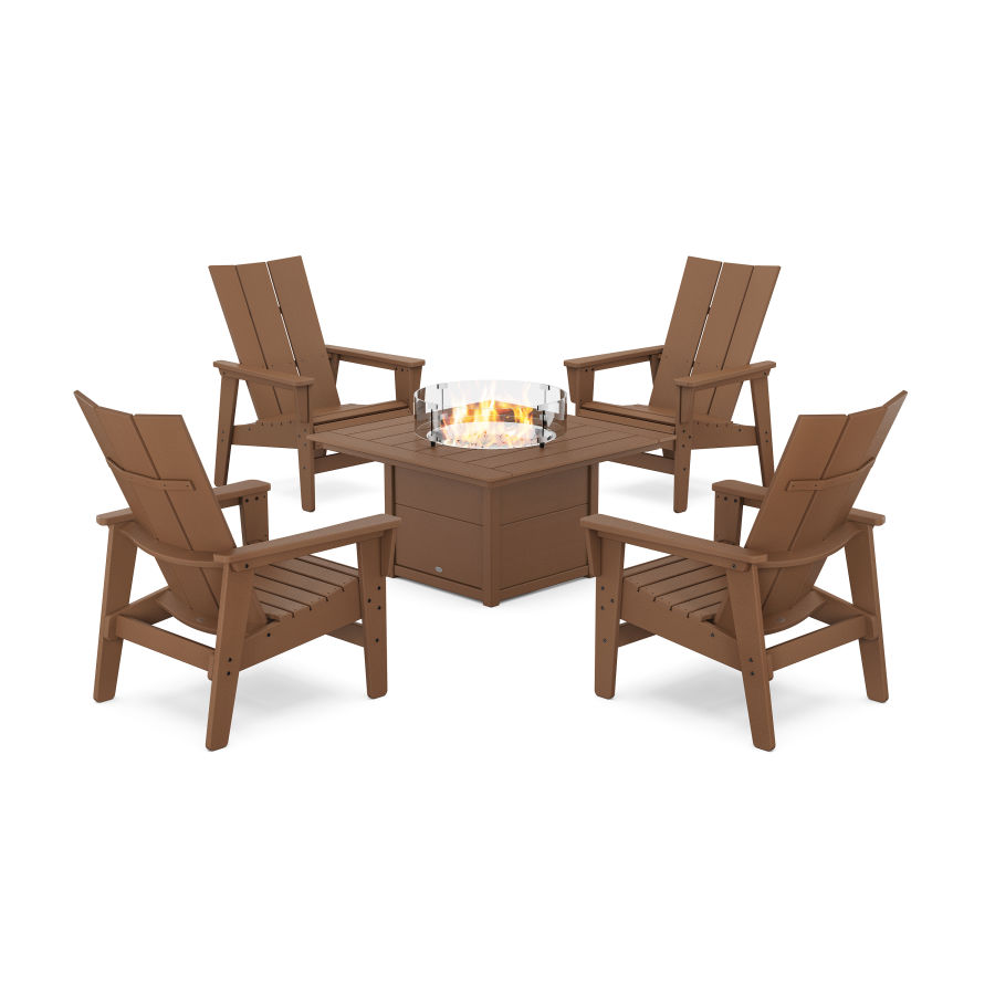 POLYWOOD 5-Piece Modern Grand Upright Adirondack Conversation Set with Fire Pit Table in Teak