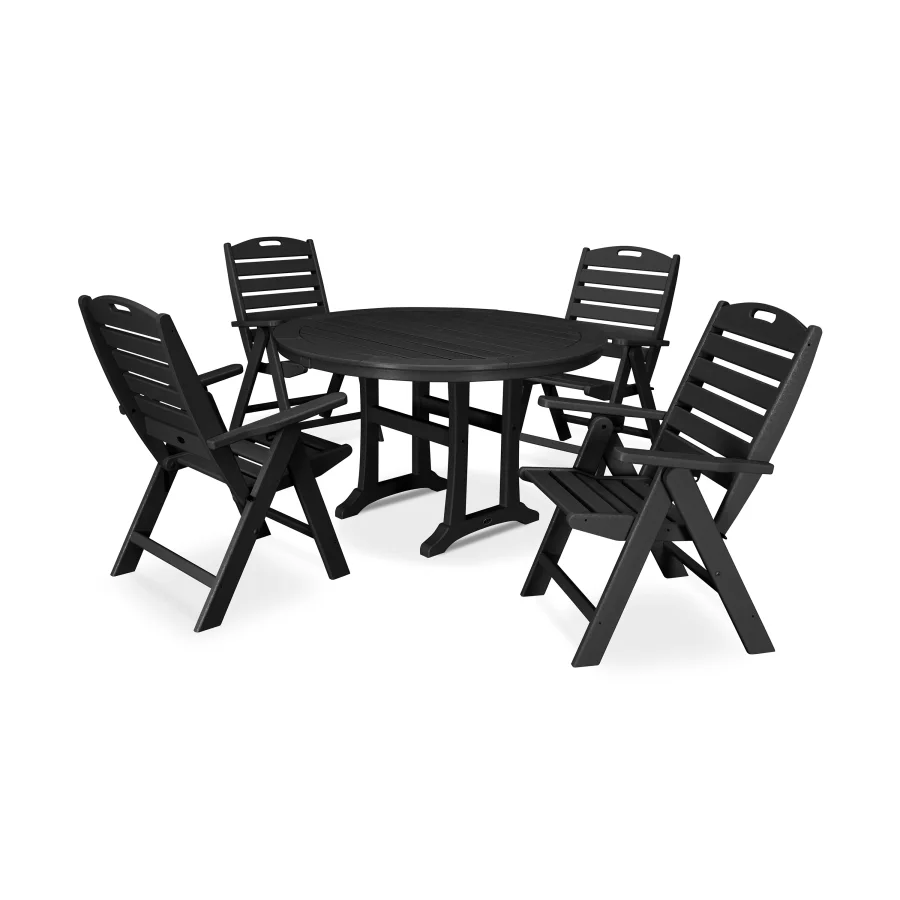 POLYWOOD Nautical Highback Chair 5-Piece Round Dining Set with Trestle Legs in Black