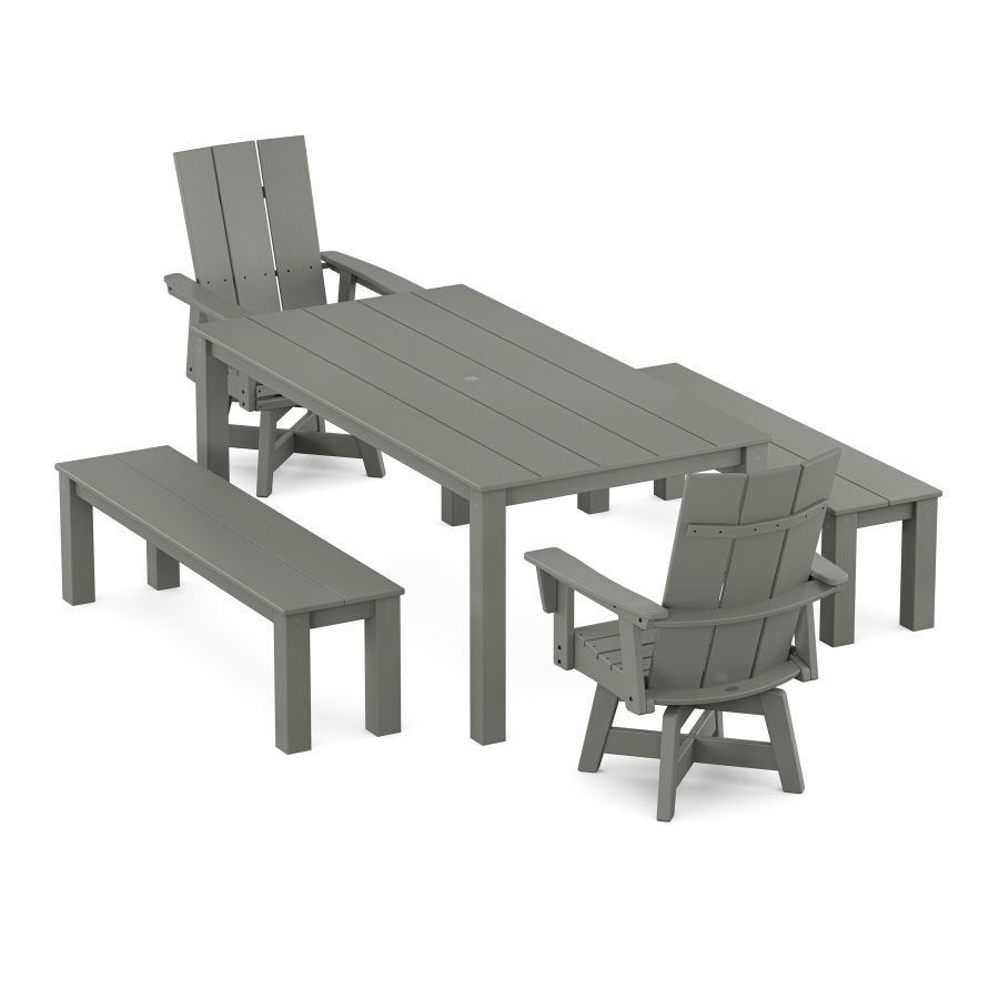 POLYWOOD Modern Curveback Adirondack 5-Piece Parsons Swivel Dining Set with Benches