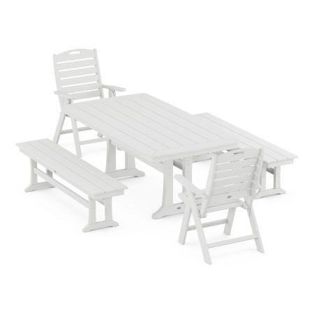 Nautical Folding Highback Chair 5-Piece Dining Set with Trestle Legs and Benches in White
