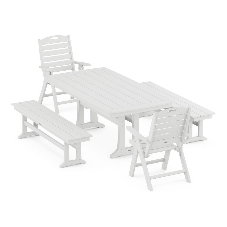 POLYWOOD Nautical Folding Highback Chair 5-Piece Dining Set with Trestle Legs and Benches in White