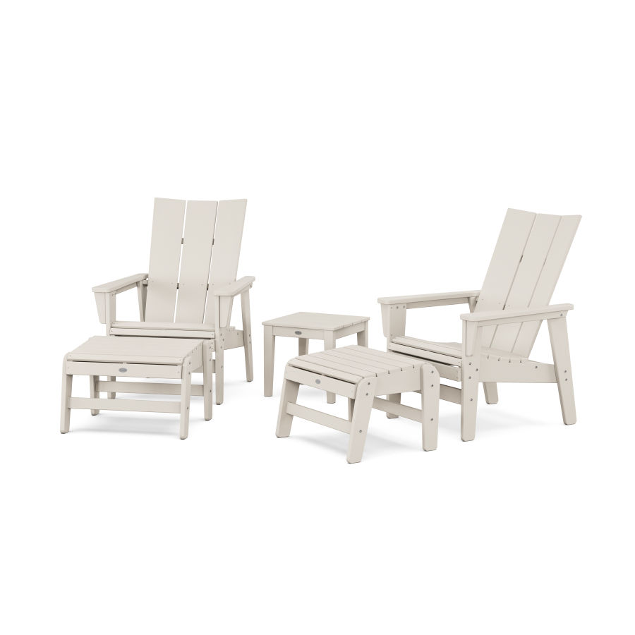 POLYWOOD 5-Piece Modern Grand Upright Adirondack Set with Ottomans and Side Table in Sand