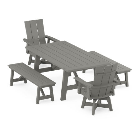POLYWOOD Modern Curveback Adirondack Swivel Chair 5-Piece Rustic Farmhouse Dining Set With Benches