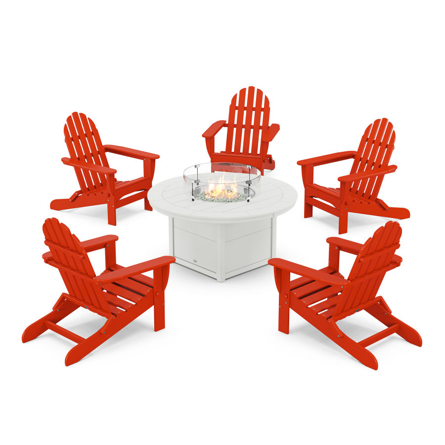 POLYWOOD Classic Folding Adirondack 6-Piece Conversation Set with Fire Pit Table in Sunset Red