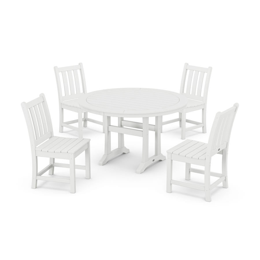 POLYWOOD Traditional Garden Side Chair 5-Piece Round Dining Set With Trestle Legs in White