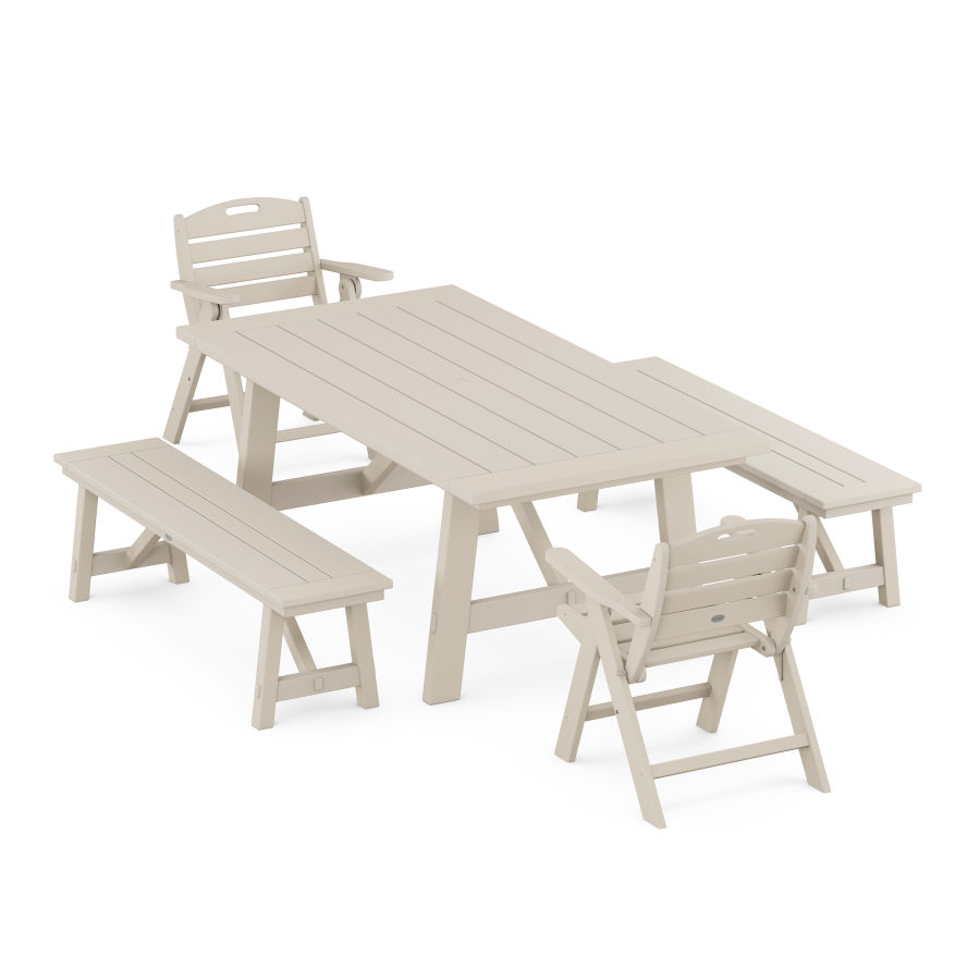 POLYWOOD Nautical Folding Lowback Chair 5-Piece Rustic Farmhouse Dining Set With Benches in Sand