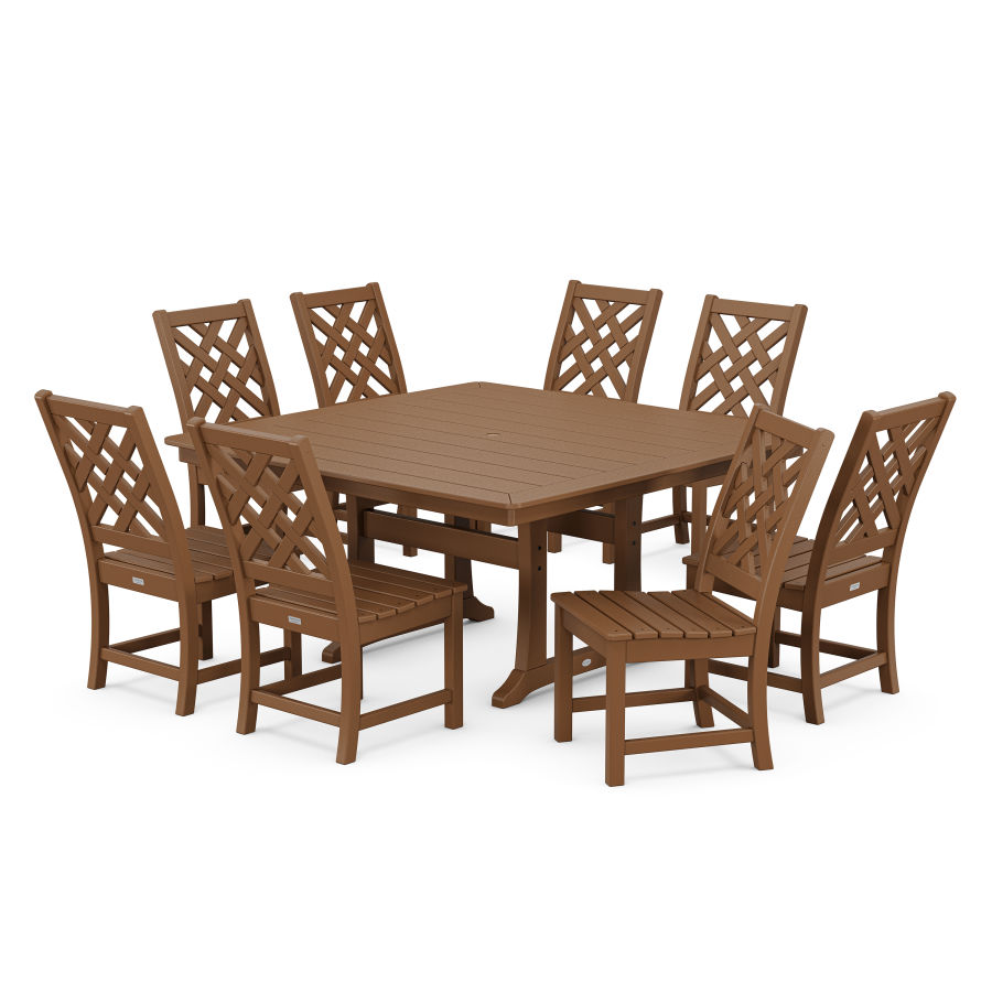 POLYWOOD Wovendale Side Chair 9-Piece Square Dining Set with Trestle Legs in Teak