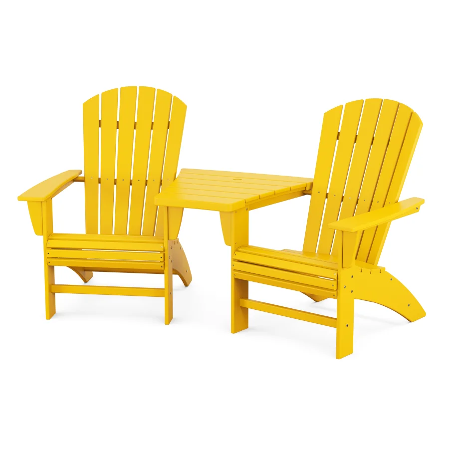 POLYWOOD Nautical 3-Piece Curveback Adirondack Set with Angled Connecting Table in Lemon