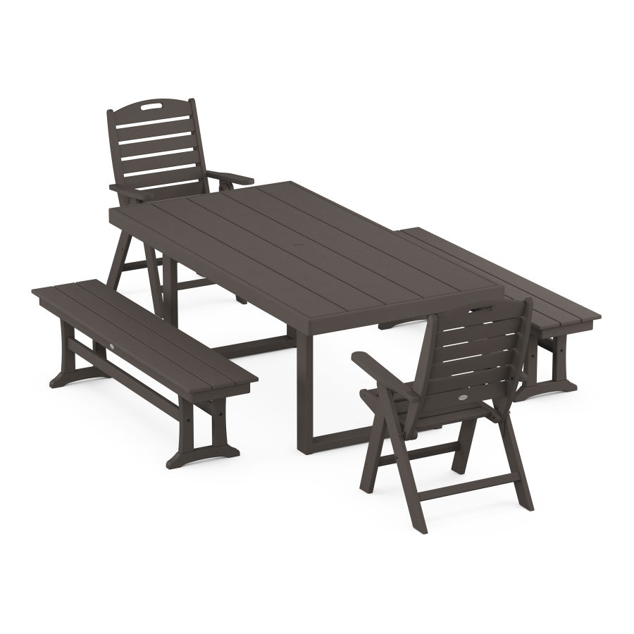 POLYWOOD Nautical Folding Highback 5-Piece Dining Set with Trestle Legs in Vintage Coffee
