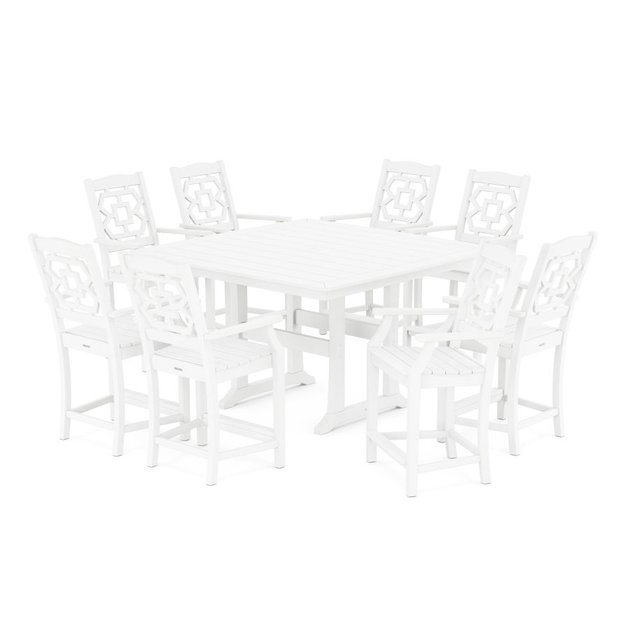 POLYWOOD Chinoiserie 9-Piece Square Counter Set with Trestle Legs in White