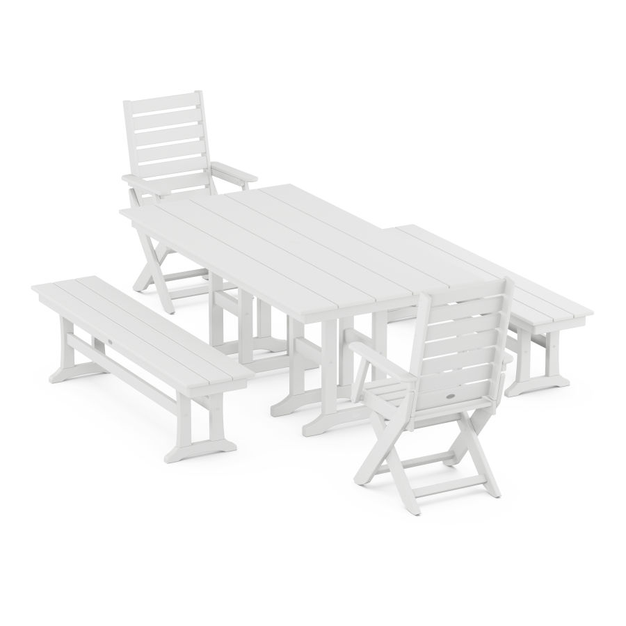 POLYWOOD Captain Folding Chair 5-Piece Farmhouse Dining Set with Benches in White