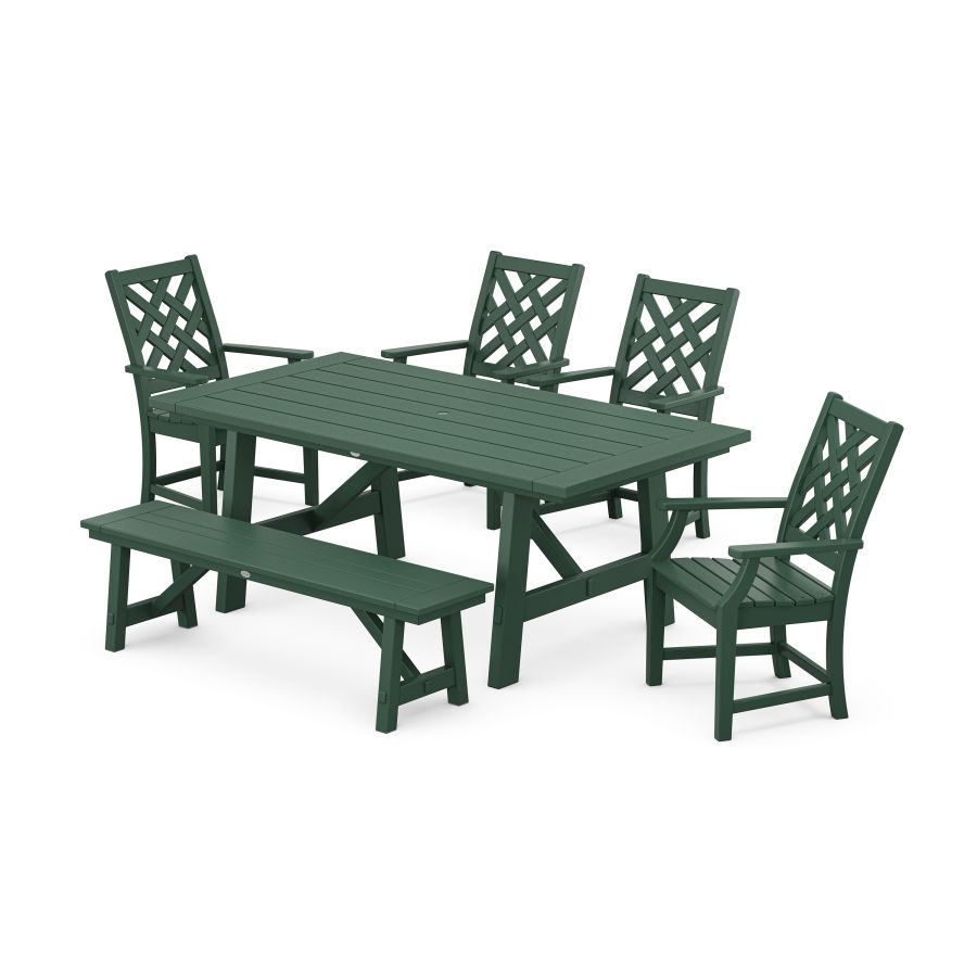 POLYWOOD Wovendale 6-Piece Rustic Farmhouse Dining Set with Bench in Green