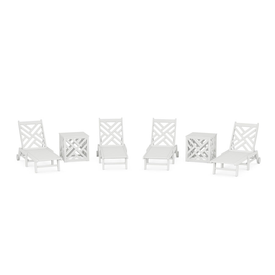 POLYWOOD Chippendale 6-Piece Chaise Set with Wheels and Umbrella Stand Accent Table in White