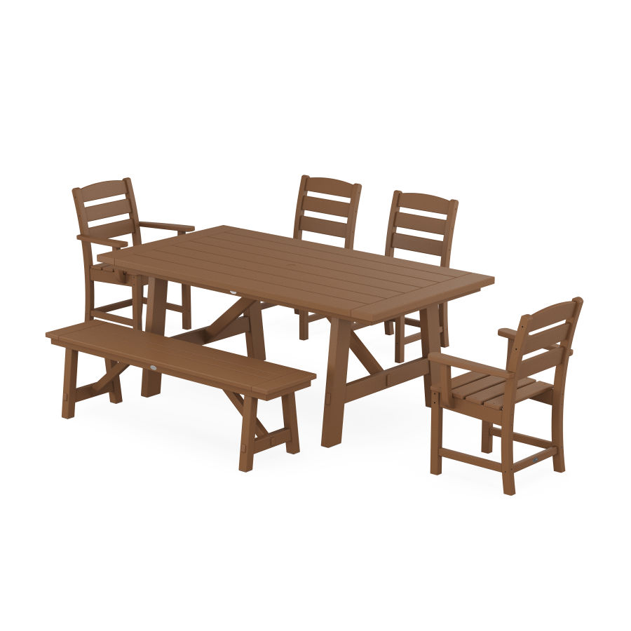 POLYWOOD Lakeside 6-Piece Rustic Farmhouse Dining Set With Trestle Legs in Teak