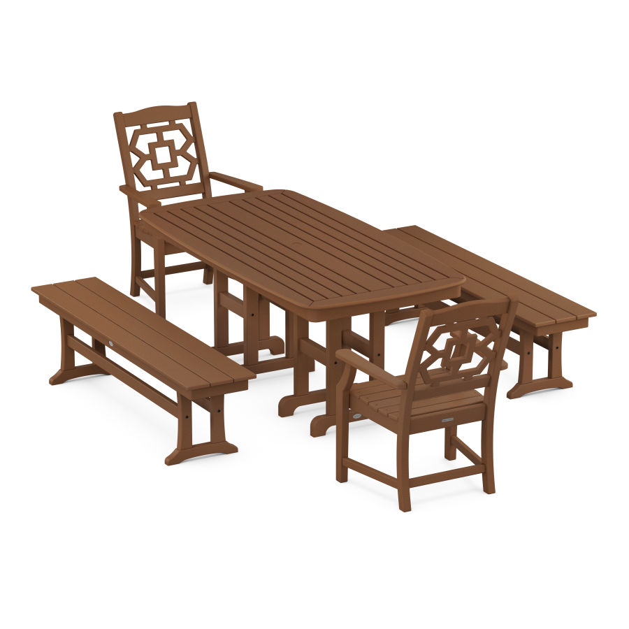 POLYWOOD Chinoiserie 5-Piece Dining Set with Benches in Teak