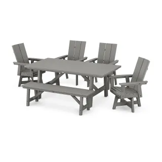 POLYWOOD Modern Curveback Adirondack Swivel Chair 6-Piece Rustic Farmhouse Dining Set with Bench