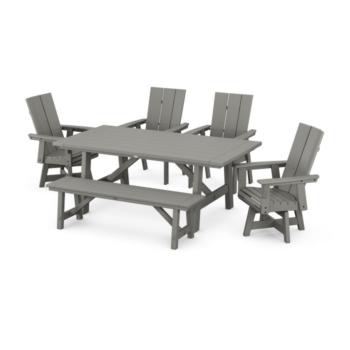 Modern Curveback Adirondack Swivel Chair 6-Piece Rustic Farmhouse Dining Set with Bench
