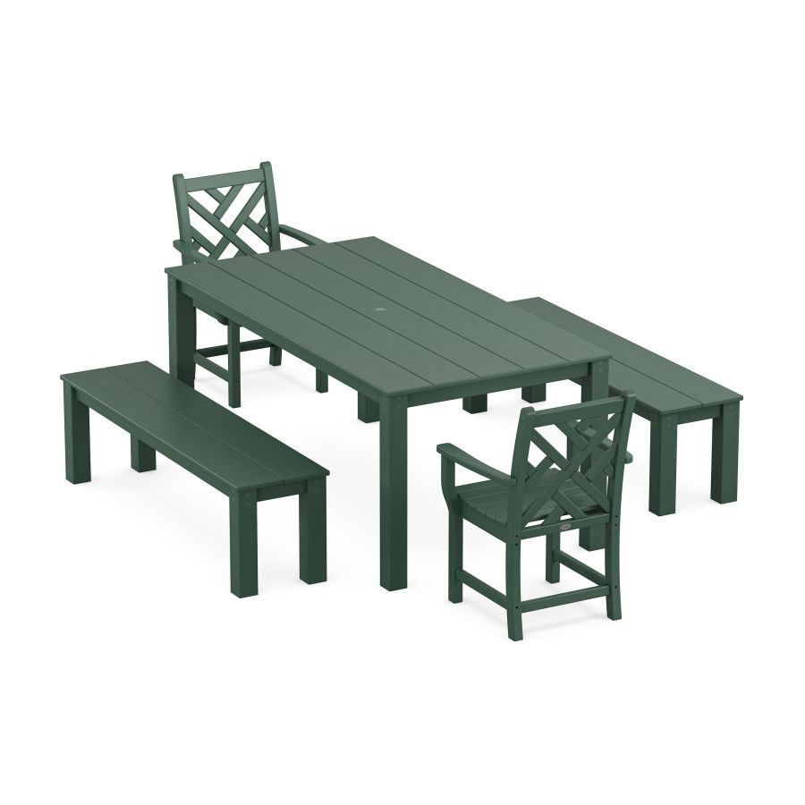 POLYWOOD Chippendale 5-Piece Parsons Dining Set with Benches in Green