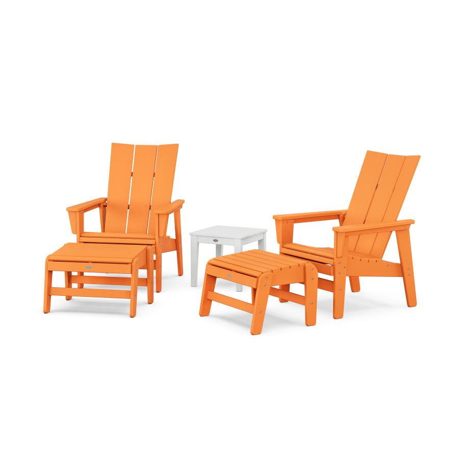 POLYWOOD 5-Piece Modern Grand Upright Adirondack Set with Ottomans and Side Table in Tangerine / White