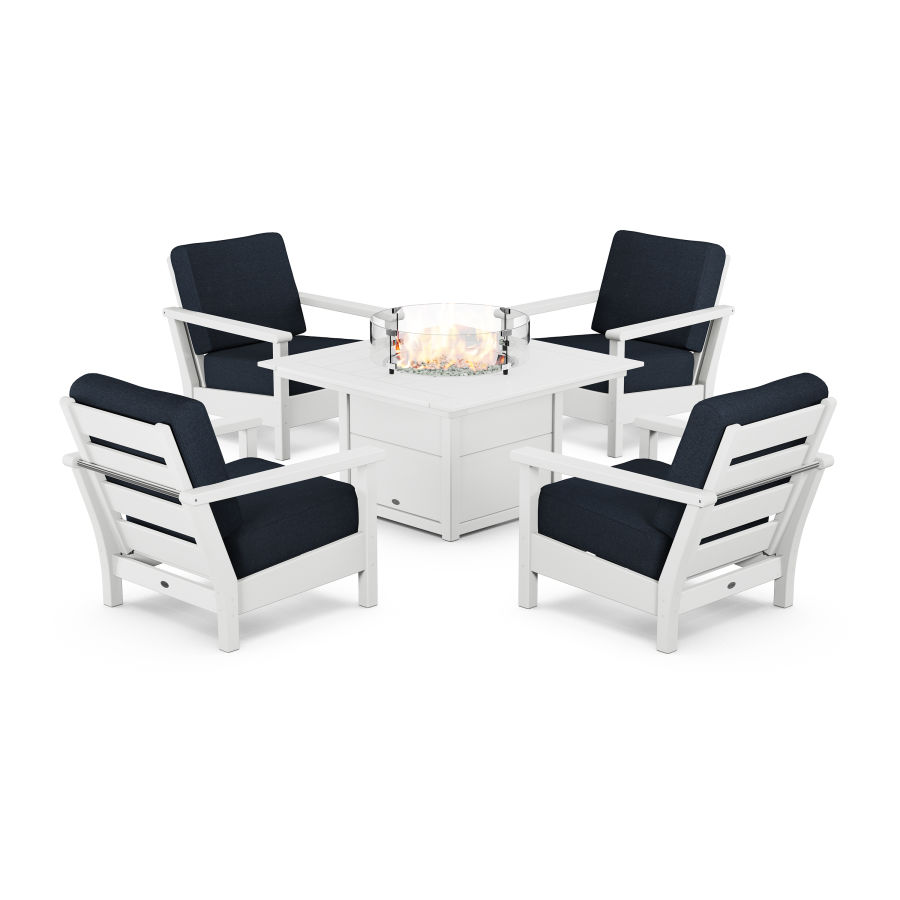 POLYWOOD Harbour 5-Piece Conversation Set with Fire Pit Table in White / Marine Indigo