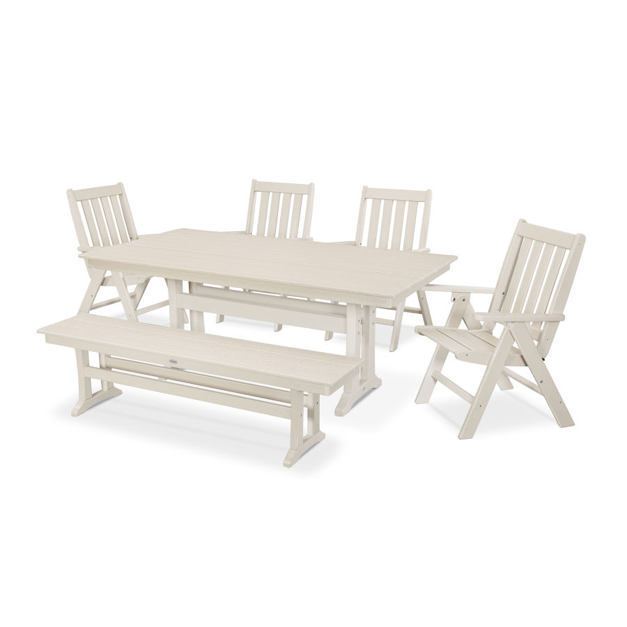 POLYWOOD Vineyard 6-Piece Farmhouse Folding Dining Set with Bench in Sand