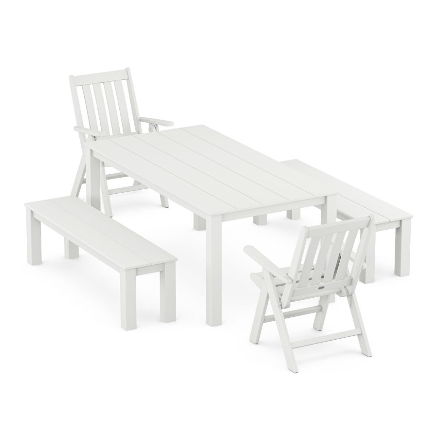 POLYWOOD Vineyard Folding Chair 5-Piece Parsons Dining Set with Benches in White